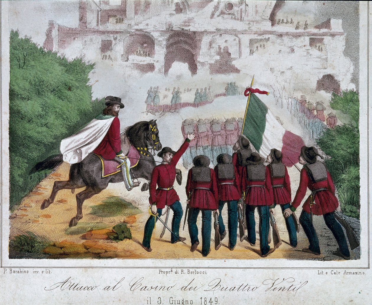 Risorgimento, Romeinse Republiek: de soldaten van het leger van Giuseppe Garibaldi proberen de villa van de Quattro Venti in Rome te heroveren op 03/06/1849 door Italian School