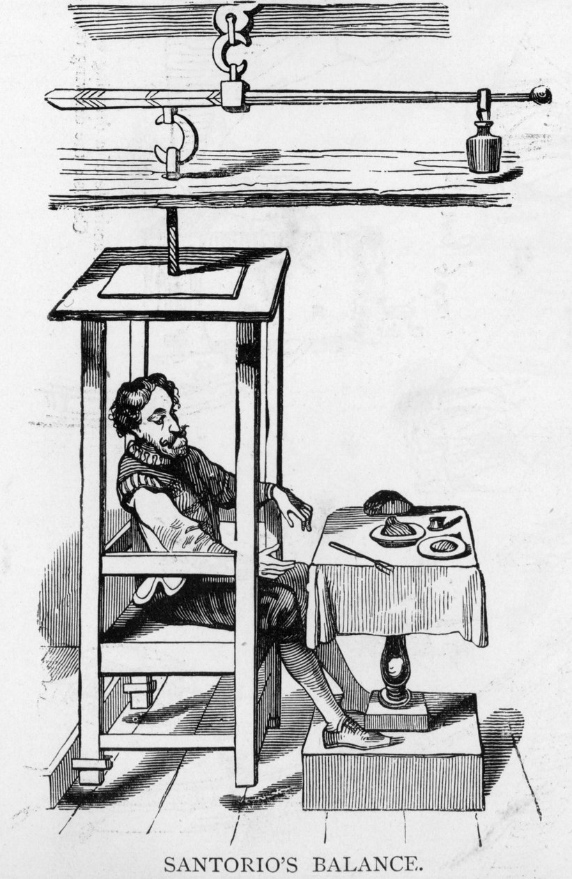 Santorio Santorio zittend in zijn Balansmachine door Italian School