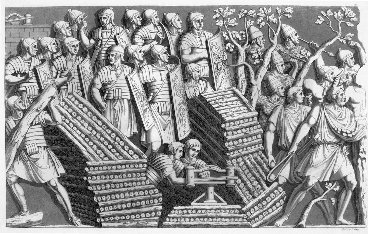 Soldaten, mogelijk een pontonbrug of belegeringsmachine bouwend, mogelijk van Trajans Zuil, uit Customs of the Romans, c.1800-10 door Italian School