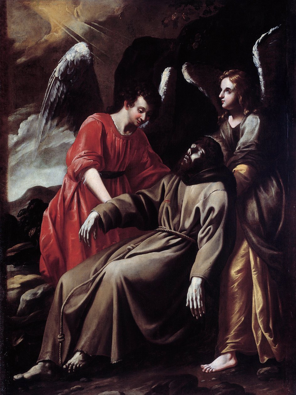 Sint-Franciscus van Assisi getroost door de engelen na het ontvangen van de stigmata door Italian School