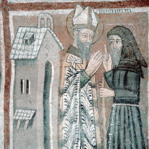 St. Gregorius de Grote (540-604) met een monnik (fresco) door Italian School