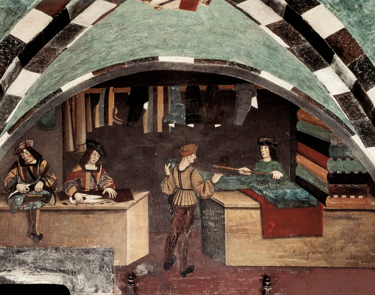 Kleermakerij. Een man is aan het naaien, een ander knipt de stof en een derde verkoopt de textiel aan een klant. Fresco Kasteel Issogne (15e eeuw) door Italian School