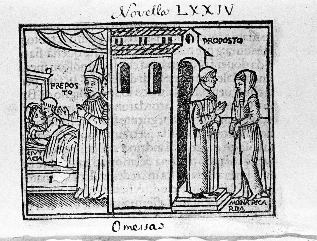 De aartspriester van Florence verrast door de bisschop wanneer hij de vrouw ontmoet die hij liefheeft. Illustratie voor het nieuws 74 (Nieuw 4 van de achtste dag) van de 