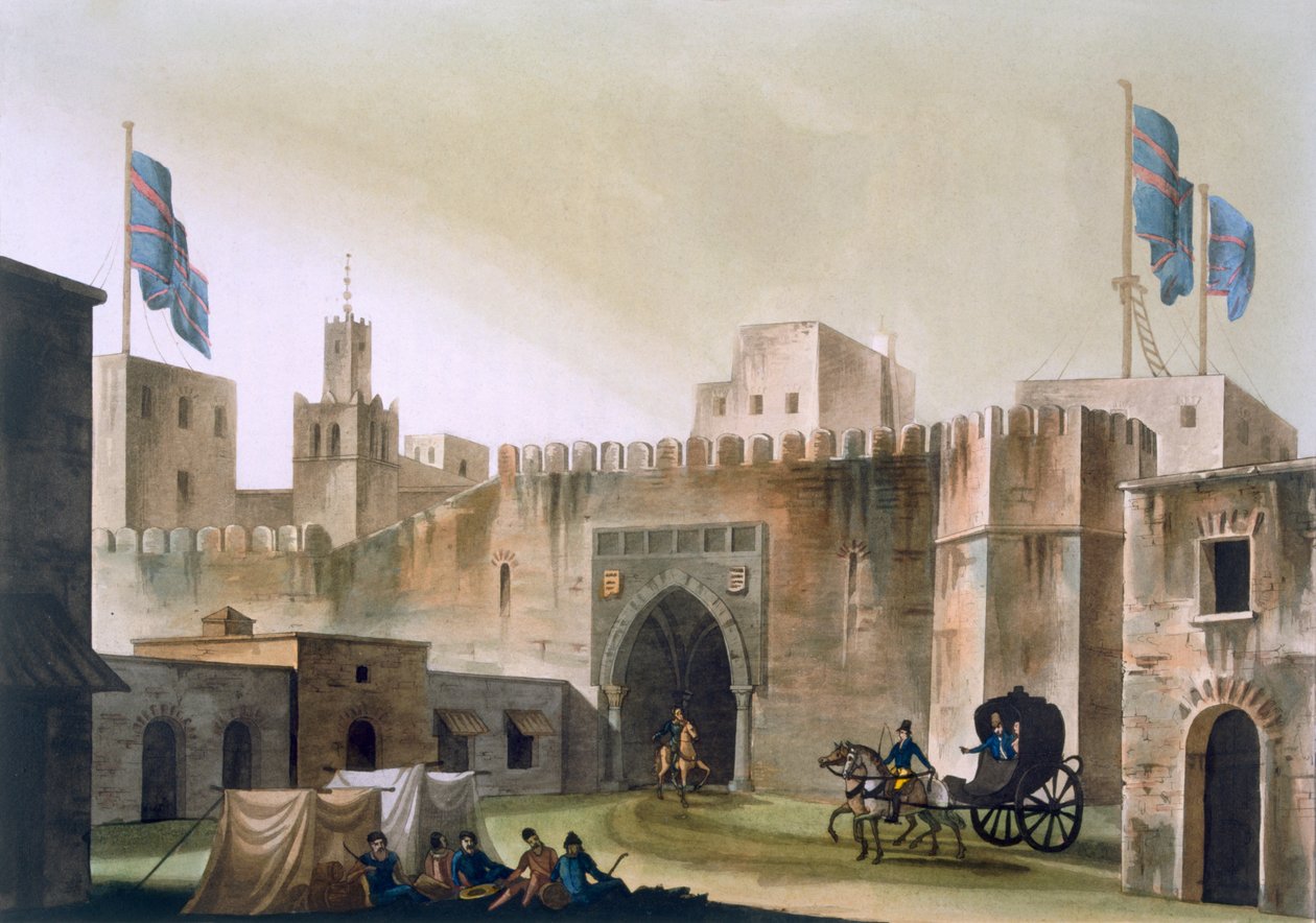 De Beb Kar, poort naar Tunis, met Europeanen in een door paarden getrokken rijtuig, ca. 1820-30 door Italian School