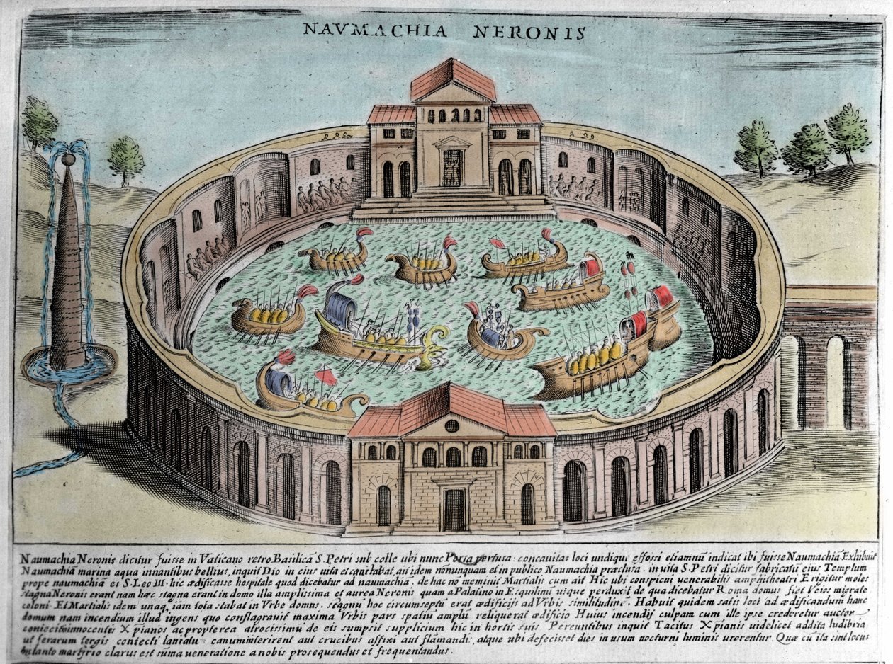 De Naumachia van Nero, voorstelling van een zeeslag in Rome. Gravure (17e eeuw). door Italian School