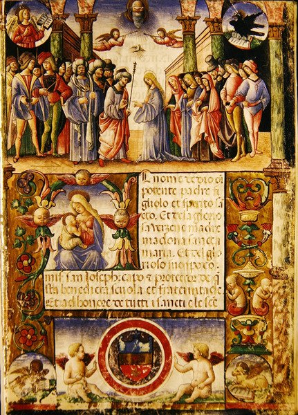 De Verloving van de Maagd, uit een Mariegola van de lekenbroederschap van St. Jozef en St. Sylvester door Italian School