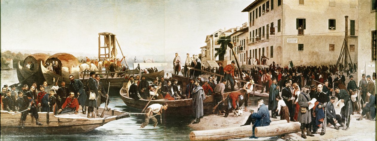 De landing van de Jagers van de Alpen in Sesto Calende in 1848 door Italian School