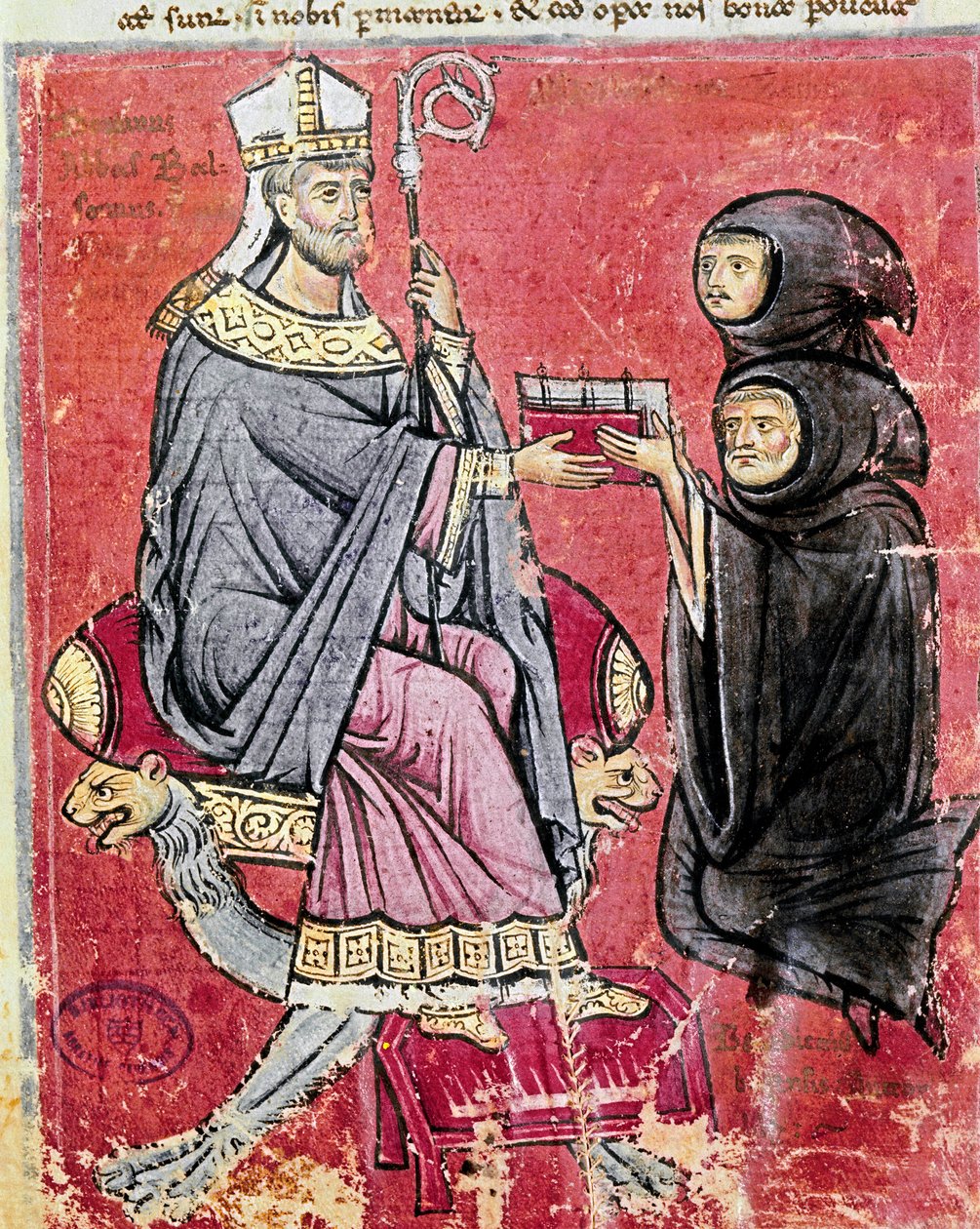 De monnik Benedetto da Bari (die jong en oud voorstelt om aan te geven dat het schrijven van zijn werk zijn hele leven heeft gekost) overhandigt aan de abt Balsamo (13e eeuw), leider van de Benedictijner abdij van Cava de Tirreni, zijn codex De Septem Sigi door Italian School