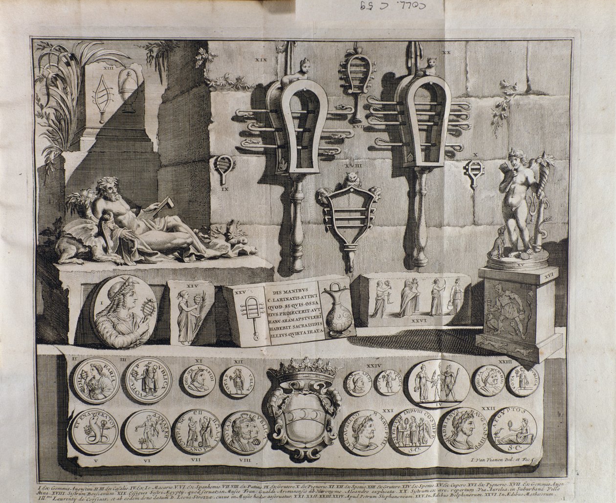 Het sistrum (sistra), verschillende voorstellingen uit De sistris door Benedictus Bacchinius (1651-1721). door Italian School