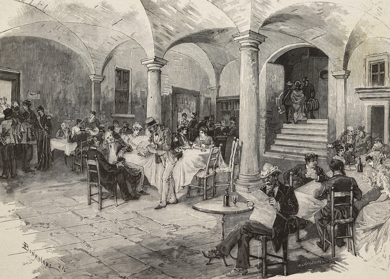 Derdeklas passagiers en eersteklas passagiers in quarantaine, bagage ontsmetten, Quarcino kasteel, aan de Zwitserse grens, cholera-epidemie, Italië, gravure door Mancastropa naar tekening van Bonamore, uit L