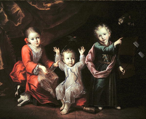 Drie kinderen in een interieur omringd door hun huisdieren, ca. 1680 door Italian School