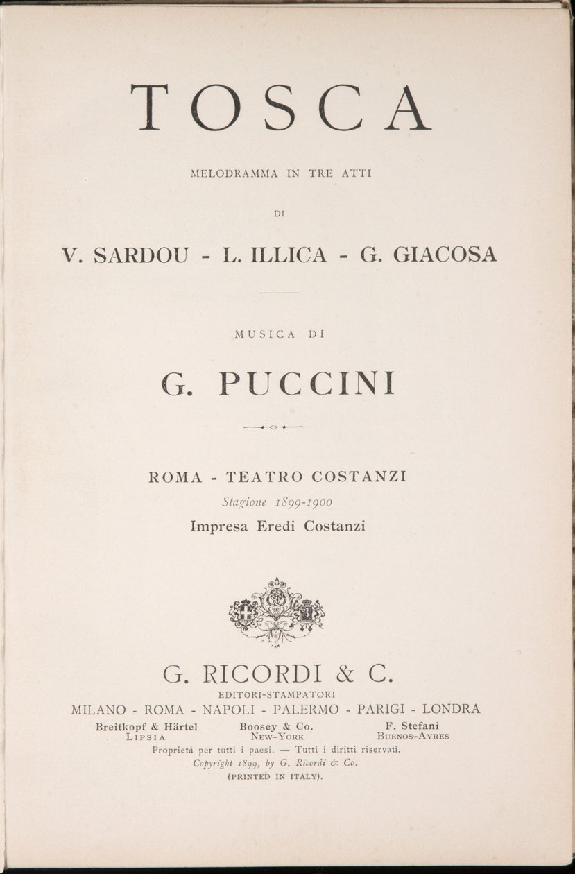 Titelpagina, Libretto della Tosca, door Giacomo Puccini, Edizione Ricordi, Italië door Italian School