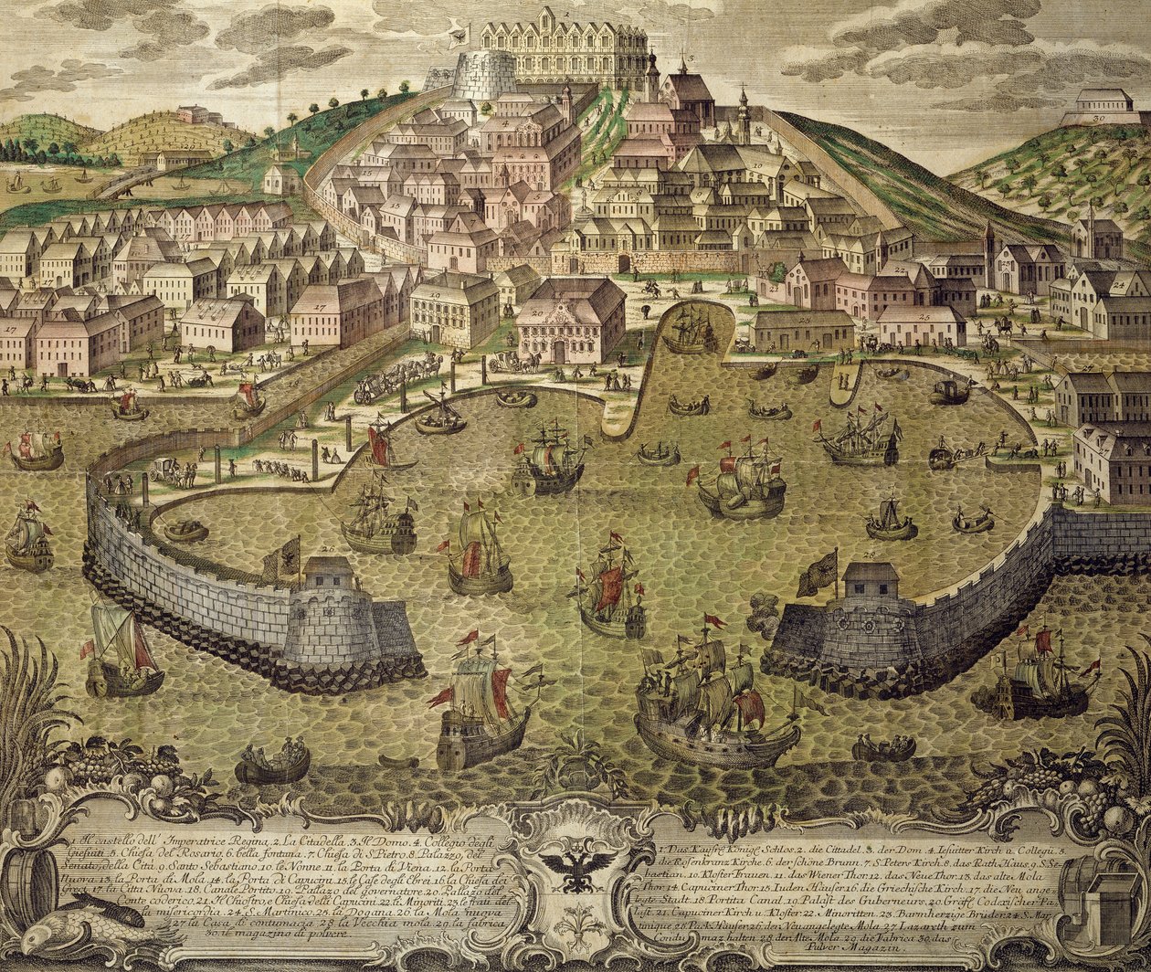 Stad Triëst en zijn vrije haven, gekleurde gravure, Italië door Italian School