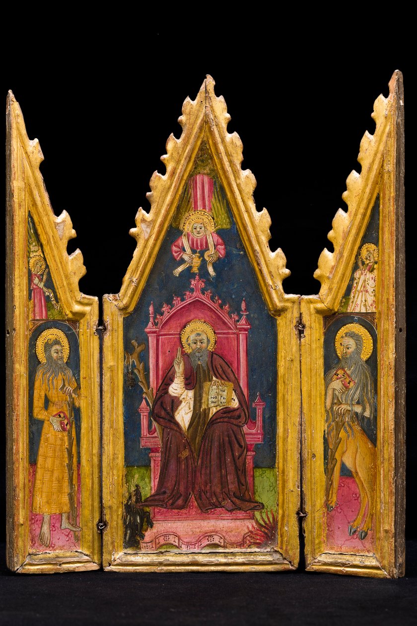 Drieluik: St. Antonius Abt op de troon, St. Paulus de Kluizenaar en St. Onophrius, midden 14e eeuw (tempera op paneel) door Italian School