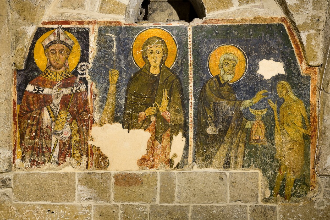 Drieluik met de voorstelling van links beginnende San Cataldo, La Maddalena en San Zosimo die de communie toedienen aan Santa Maria Egiziaca, Crypte van de kathedraal door Italian School