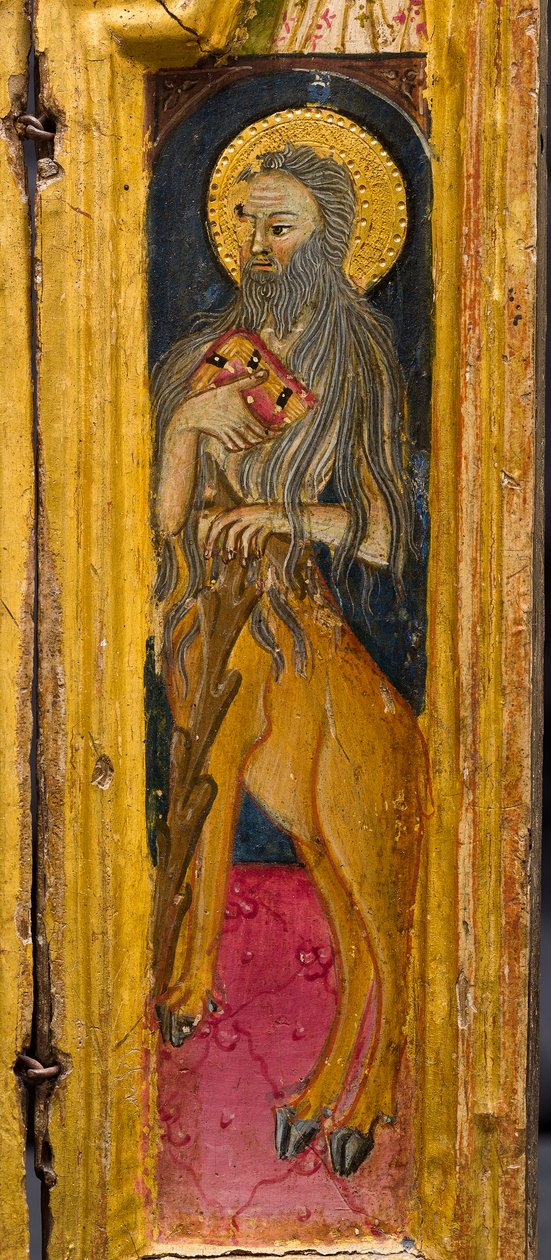 Drieluik: Sint Antonius Abt tronend, Sint Paulus de Kluizenaar en Sint Onophrius, detail, midden 14e eeuw (tempera op paneel) door Italian School