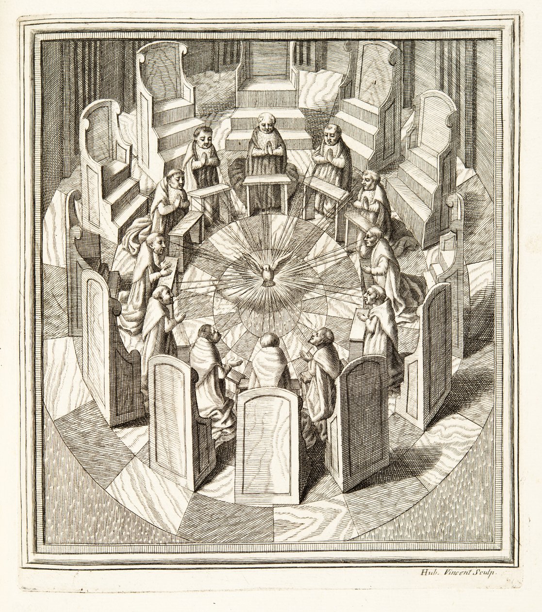 Twaalf Rechters van de Rota bidden in een ronde hal rondom de Heilige Geest, pub. 1717 (gravure) door Italian School