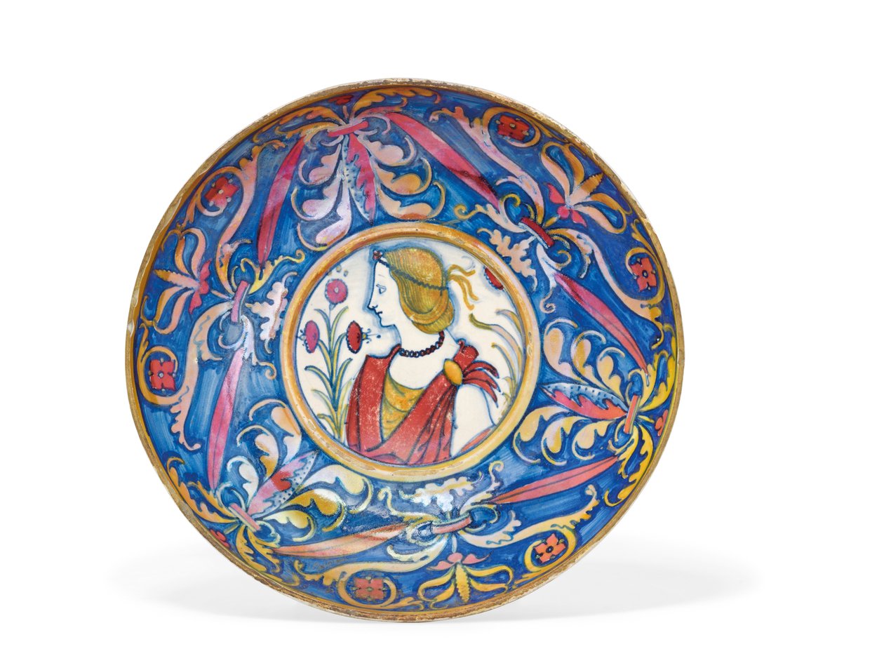 Umbrische majolica goud- en robijnluster voetenschotel, van Deruta naar Gubbio, ca. 1510-20 door Italian School