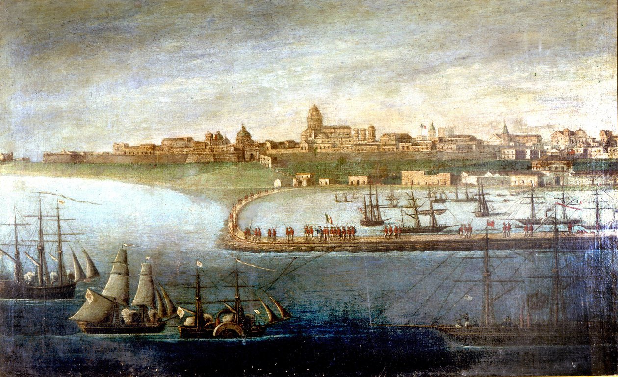 Eenwording van Italië: expeditie van de Duizend of Roodhemden onder leiding van Giuseppe Garibaldi. De ontscheping in Marsala, Sicilië. Anoniem schilderij. Milaan Museo del Risorgimento door Italian School