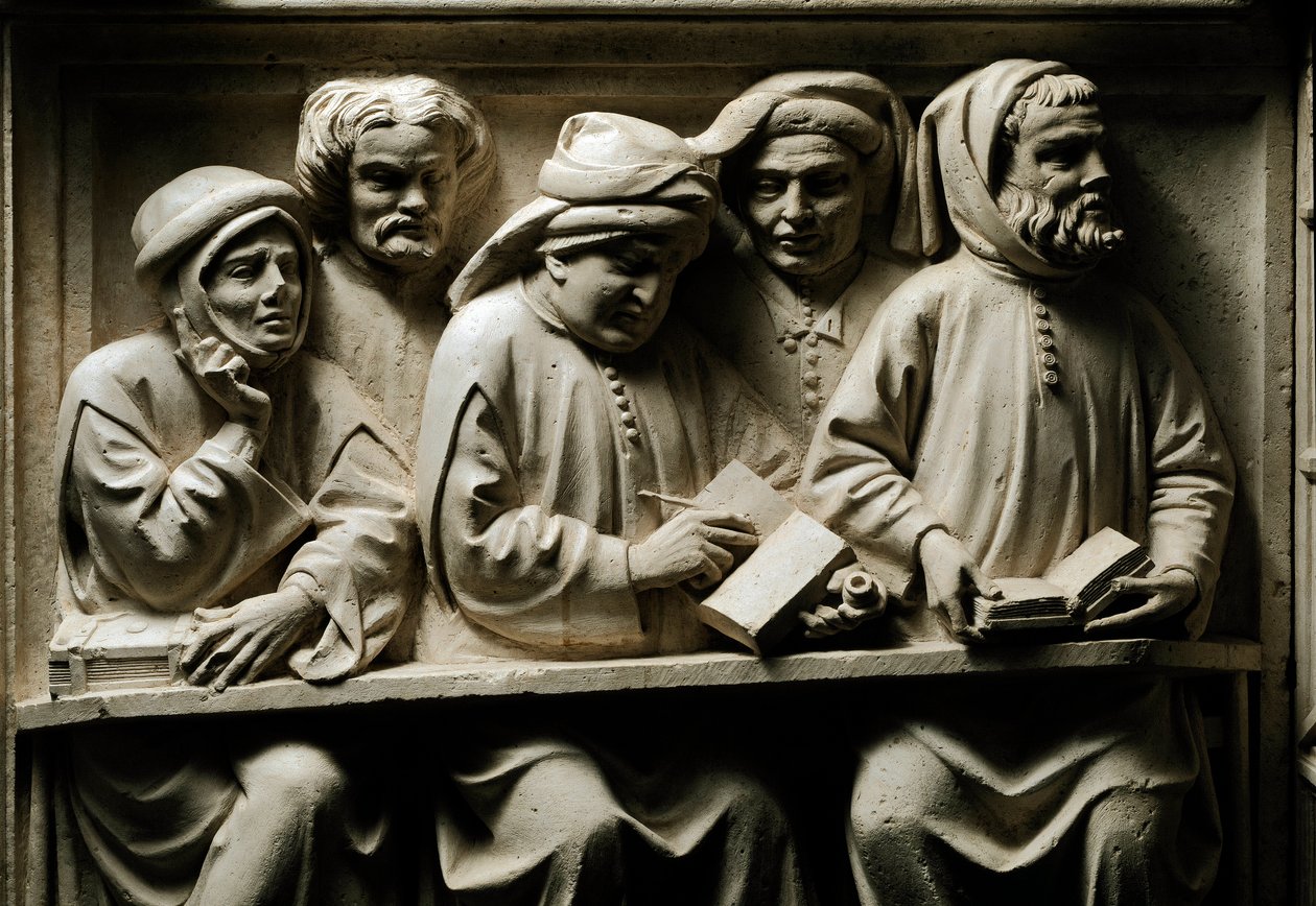 Universitair onderwijs: studenten (detail). Laag reliëf van polychroom steen van het graf van Lorenzo del Pino, advocaat en docent rechten aan de Universiteit van Bologna, gemaakt door het atelier van Dalle Masegne (eind 14e eeuw). Ca. 1395 door Italian School