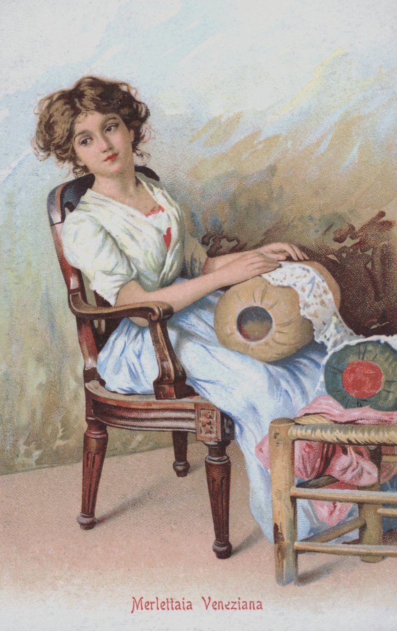 Venetiaanse kantwerkster, Italië (chromolitho) door Italian School
