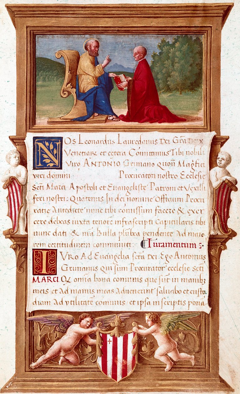 Venetië: Commissie van Doge Antonio Grimani (1434-1523), Procurator van San Marco. Manuscriptpagina uit de 16e eeuw. Venetië, Museo Correr door Italian School