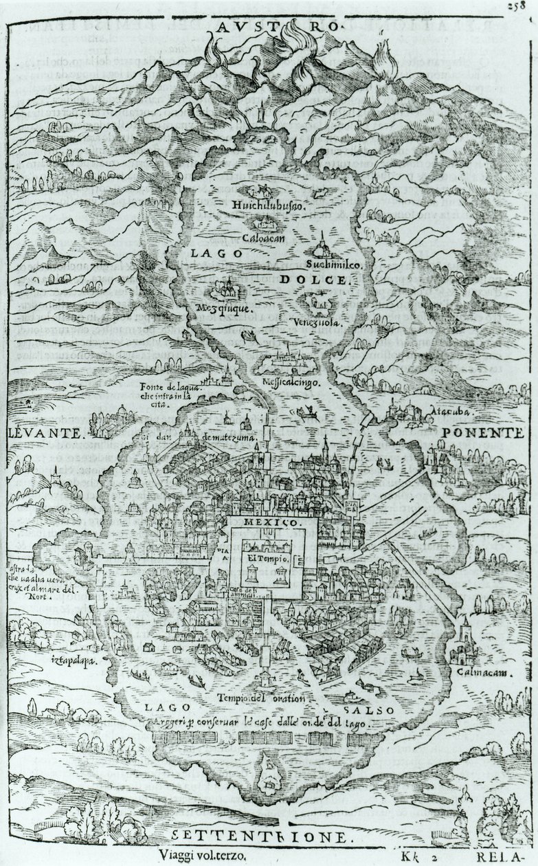 Zicht vanuit het noorden op de Azteekse stad Tenochtitlan, uit Relatione della Citta del Temistitan door Giovanni Battista Ramusio (1485-1557) gepubliceerd in Venetië 1606 door Italian School