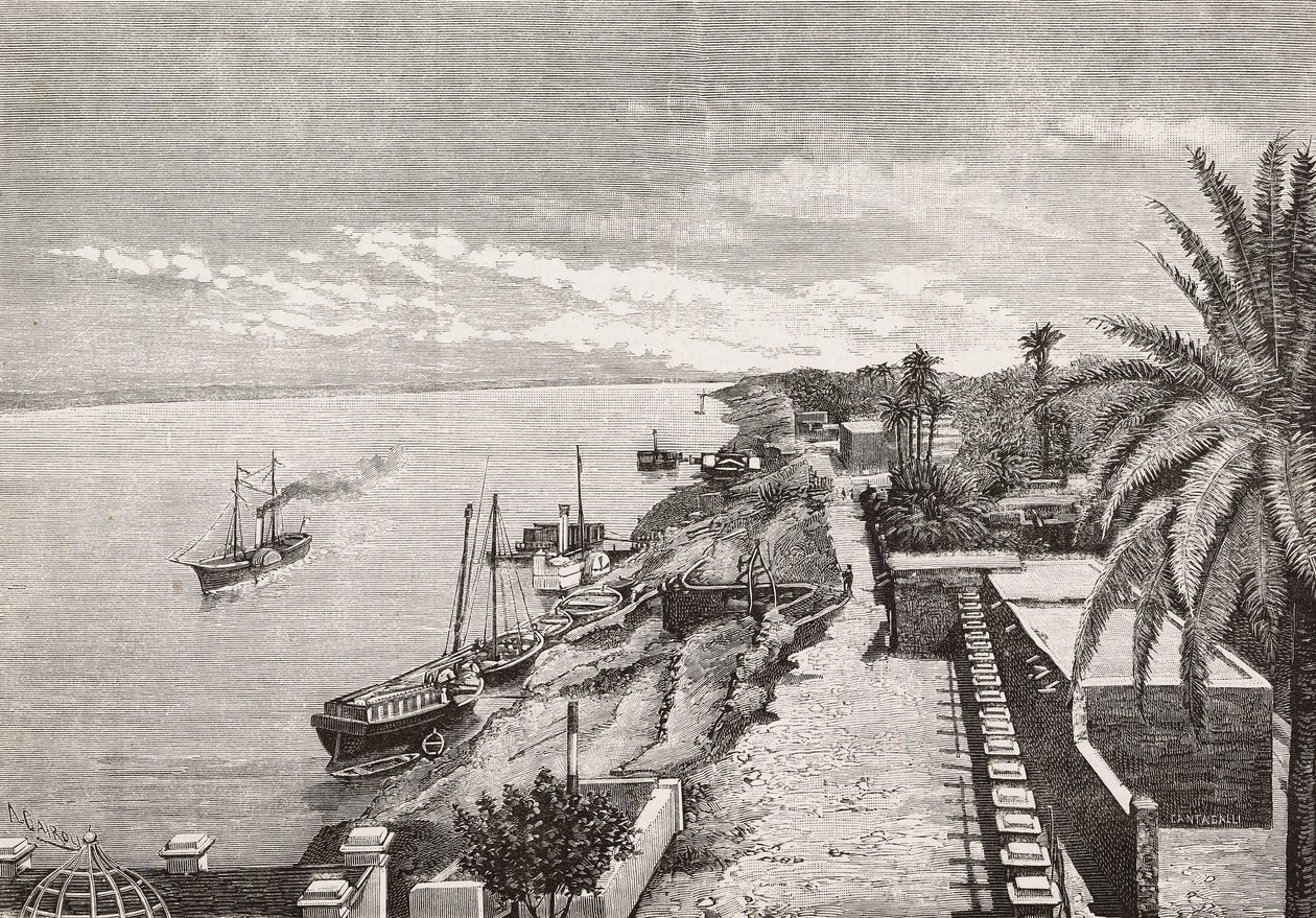 Uitzicht op Khartoem langs de Blauwe Nijl, Soedan, gravure door Cairoli naar foto van Buchta, uit L