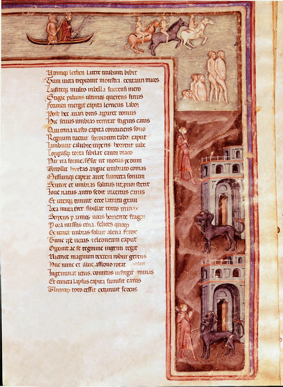 Zicht op de onderwereld, personages en monsters, illustratie voor Furious Hercules door Seneca (miniatuur) door Italian School
