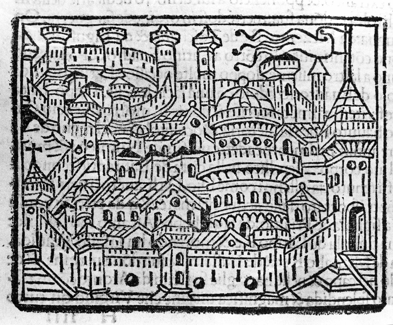 Zicht op de stad Aosta in Italië. Gravure in 