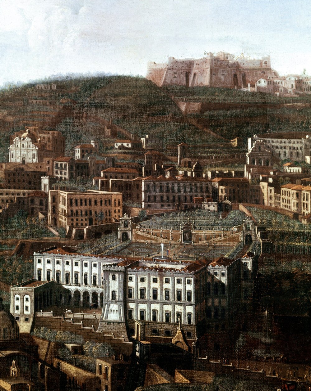 Uitzicht op het oude gerechtsgebouw omgebouwd tot paleis met hangende tuinen in Napels door Italian School
