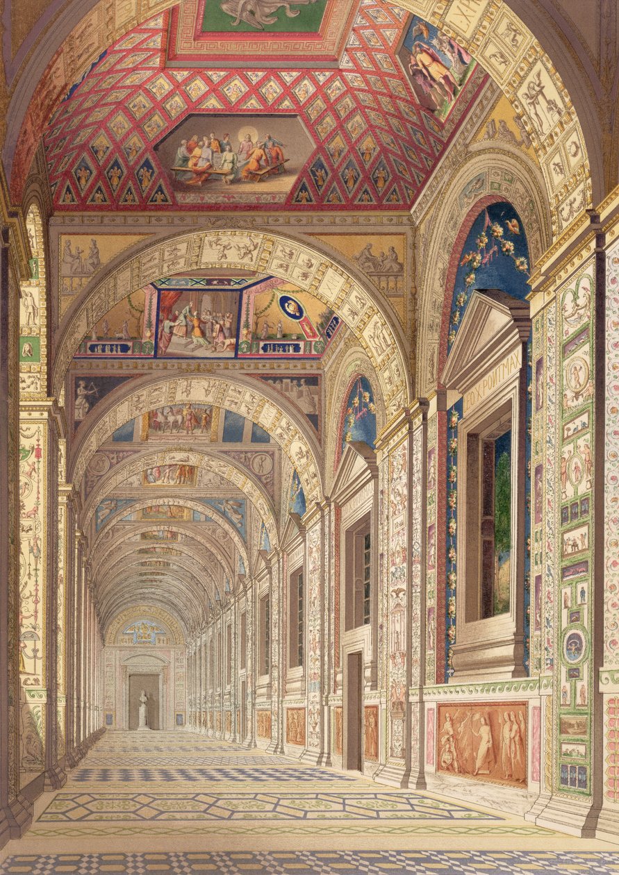 Uitzicht op de tweede verdieping Loggia in het Vaticaan, met decoratie door Raphael, uit Delle Loggie di Rafaele nel Vaticano, gepubliceerd als losse bladzijde in de editie van 1814 door Italian School
