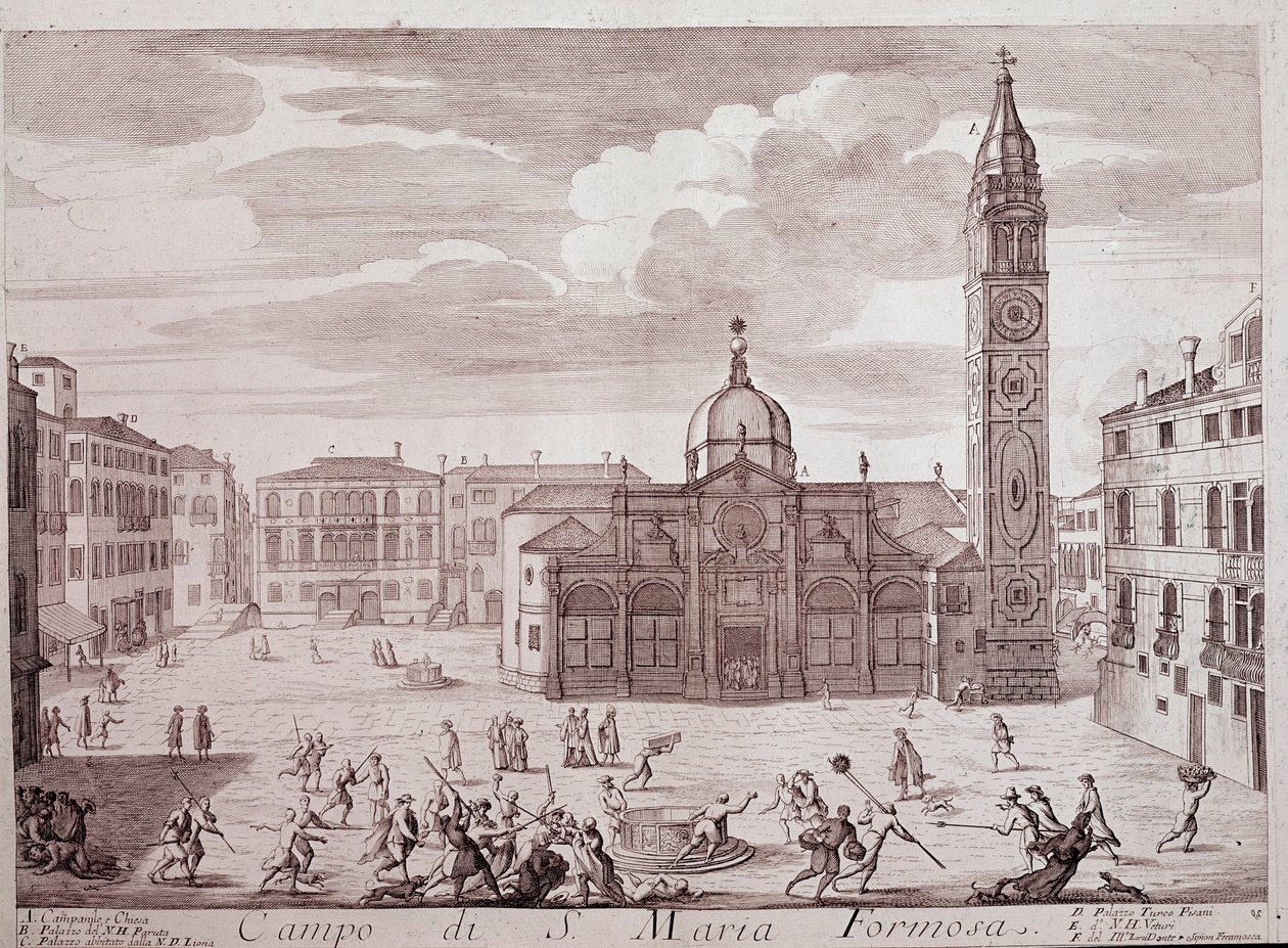 Uitzicht op het plein van de kerk van Santa Maria Formosa in Venetië (Gravure uit 