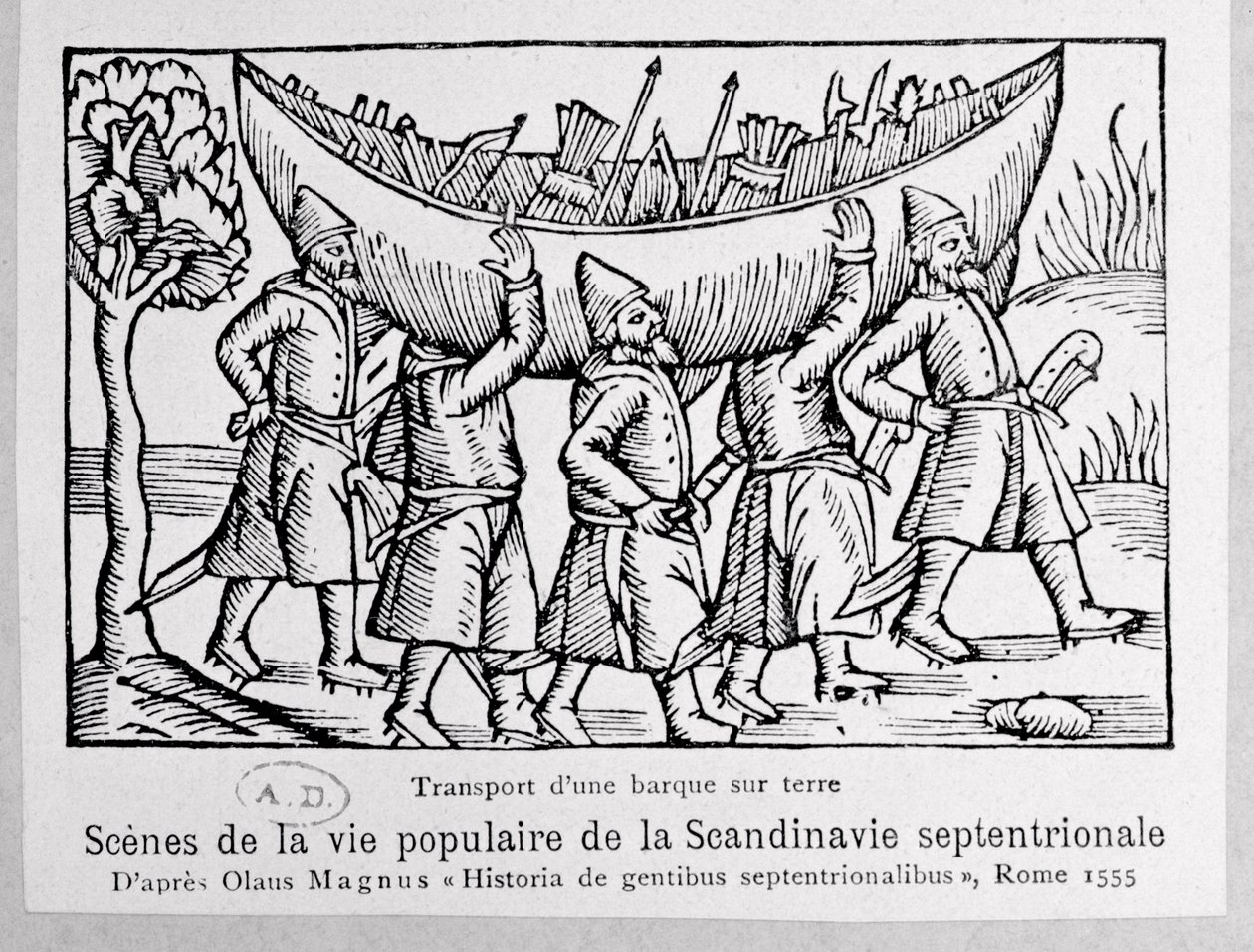 Vikingen dragen een boot naar Rusland, illustratie uit Historia de Gentibus Septentrionalibus door Olaus Magnus (1490-1558), gepubliceerd in Rome, 1555 door Italian School