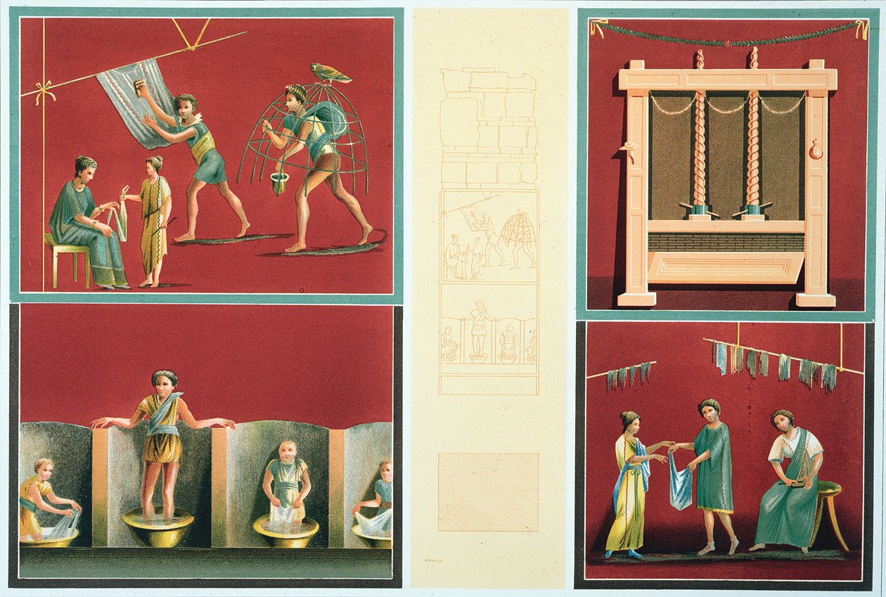 Wassen en drogen van wasgoed, kopie van een Pompeiaanse fresco door Italian School