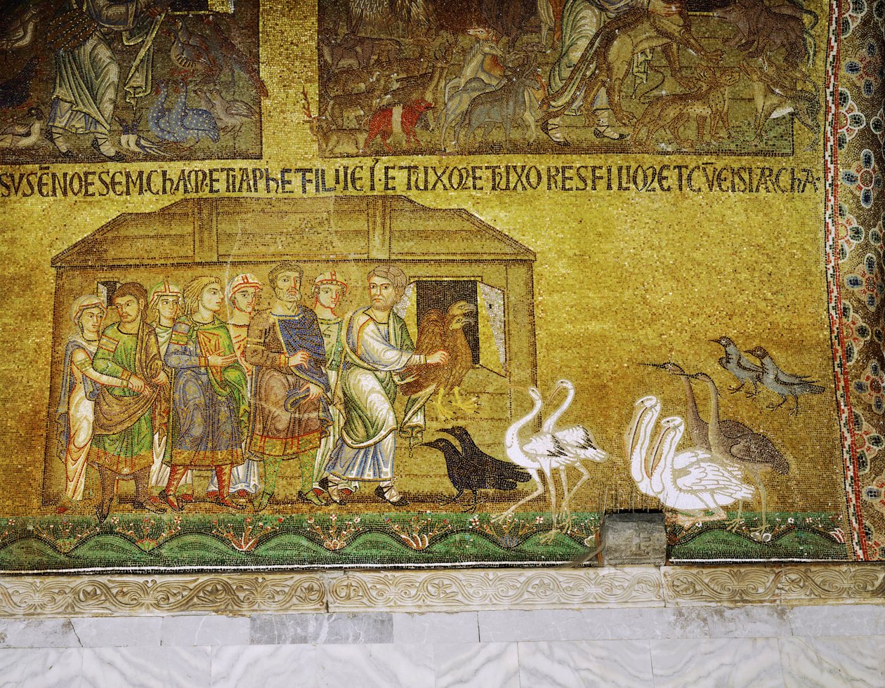 Terwijl zijn familie wacht om aan boord te gaan, helpt Noach de dieren om in de ark te gaan ... (mozaïek) door Italian School