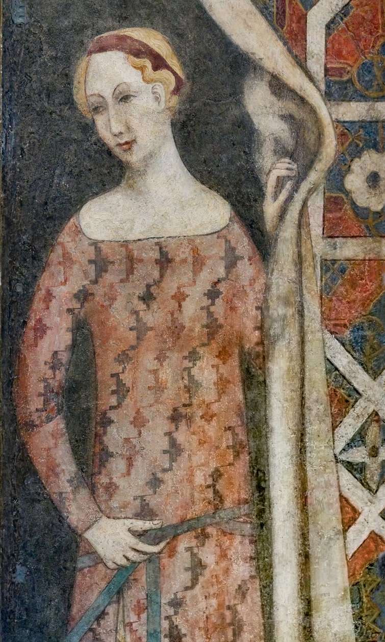 Vrouw tekent een kleed met een geometrisch patroon, begin 15e eeuw (fresco) door Italian School