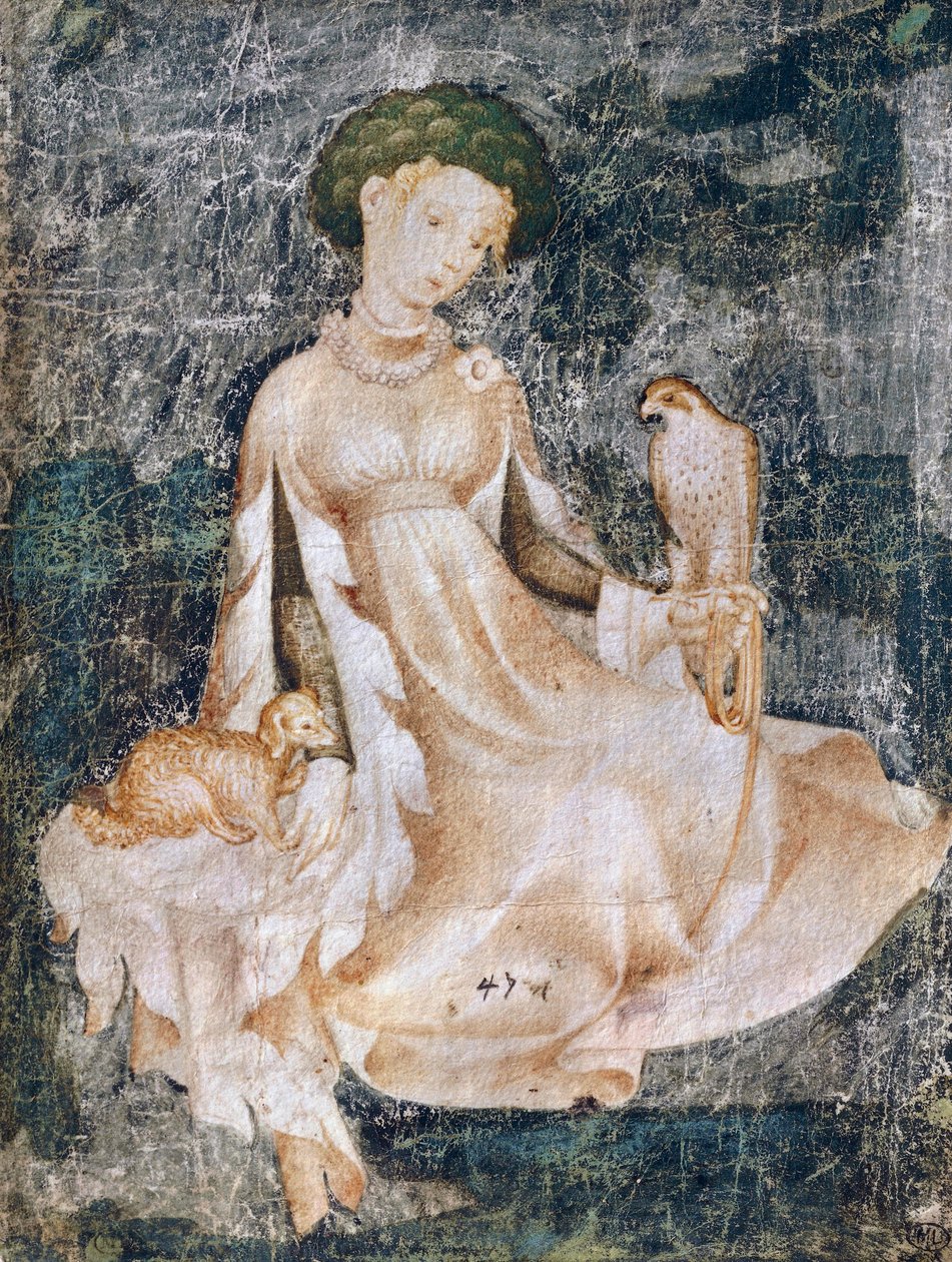 Vrouw zittend op de grond met hond en valk, aquareltekening, Frankrijk door Italian School