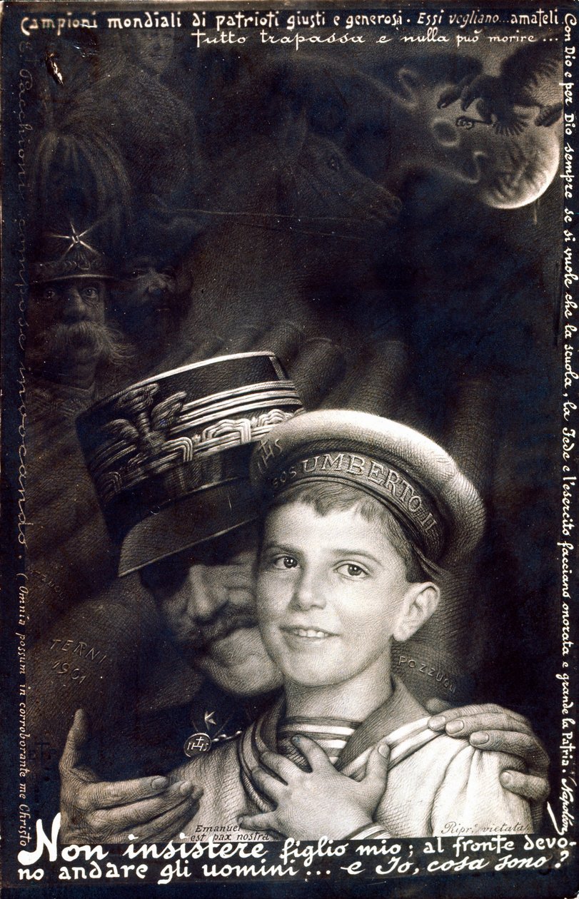 Eerste Wereldoorlog: militaire inval in het Italiaanse leger: Victor Emmanuel III houdt prins Umberto vast (printkaart) door Italian School