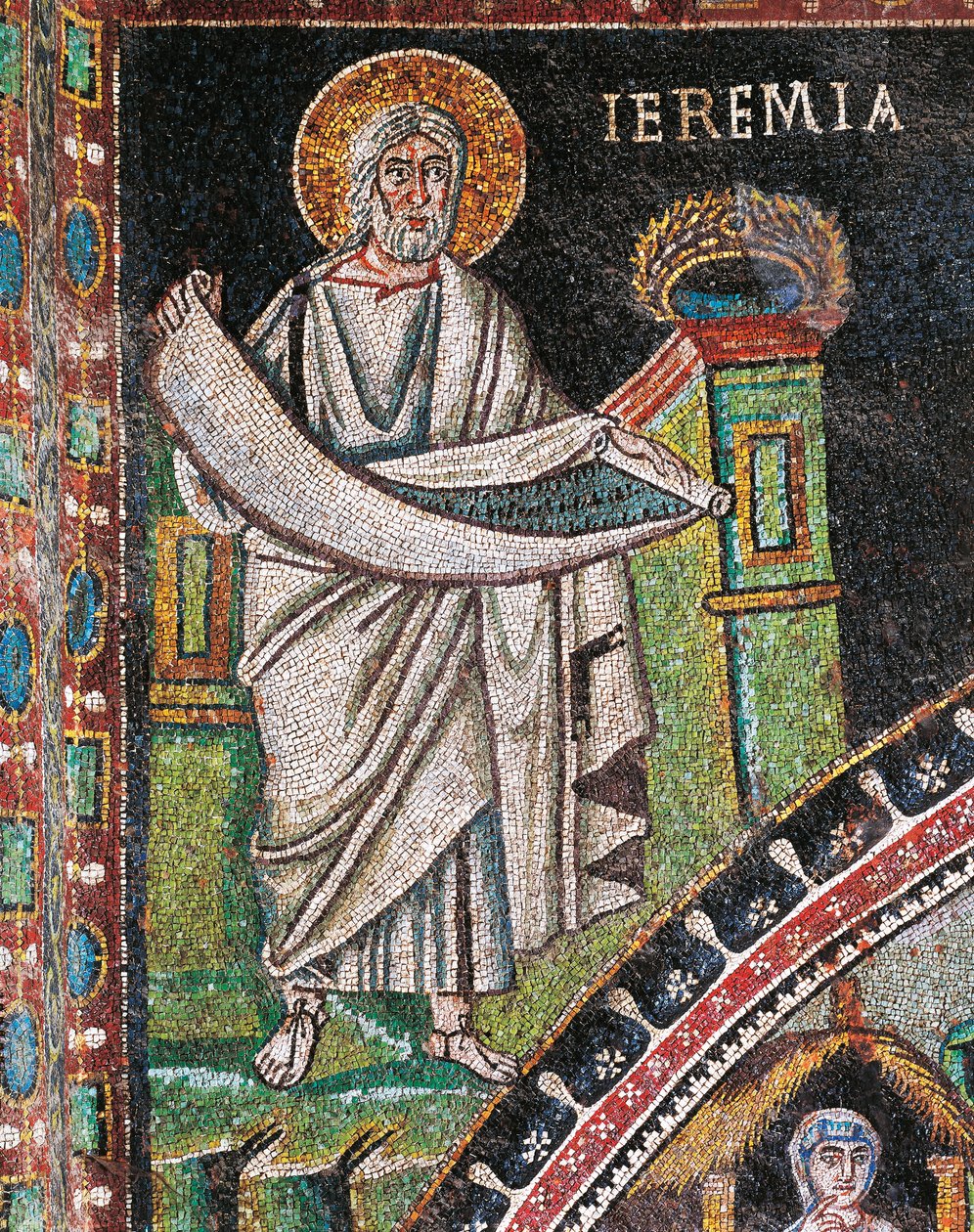 Profeet Jeremia, mozaïek, links van lunet, noordelijke muur van het priesterkoor, Basiliek van San Vitale (UNESCO Werelderfgoedlijst) door Italian School