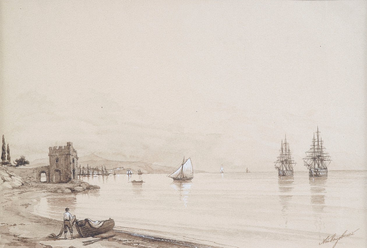 Uitzicht op een baai met talrijke zeilschepen (Feodosia?) door Ivan Konstantinovich Aivazovsky