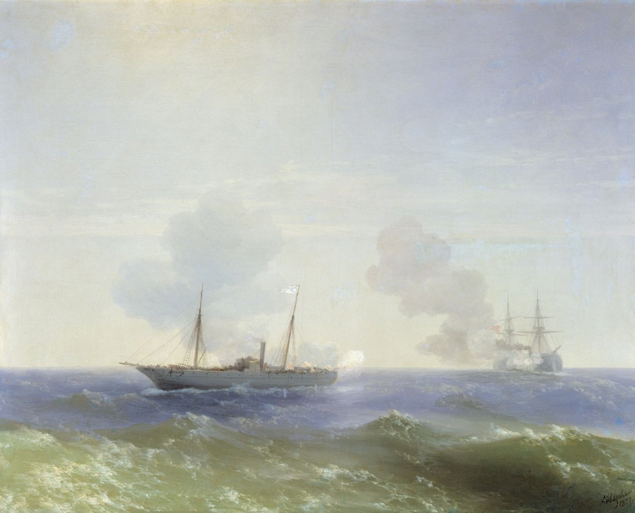 Russisch: "Gevecht van het stoomschip Vesta met het Turkse slagschip Fehti-Bulend in de Zwarte Zee op 11 juli 1877 " Gevecht van het stoomschip Vesta met het Turkse slagschip Fehti-Bulend in de Zwarte Zee op 11 juli 1877 door Ivan Aivazovsky