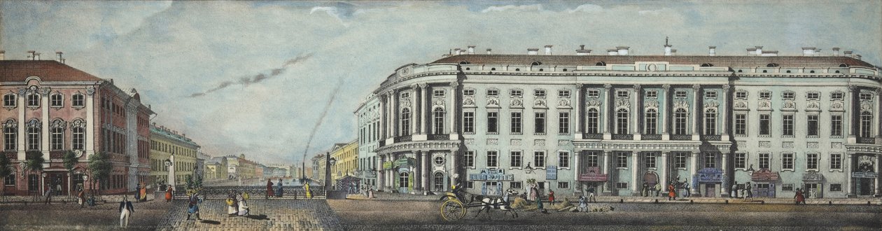 De Politiebrug met het Stroganov Paleis. Uit het panorama van de Nevsky Prospekt, 1830 door Ivan Alexeyevich Ivanov