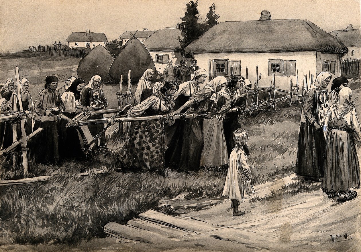 Een religieuze cholera-processie op het platteland van Rusland uit de serie aquarellen Russische revolutie door Ivan Alexeyevich Vladimirov