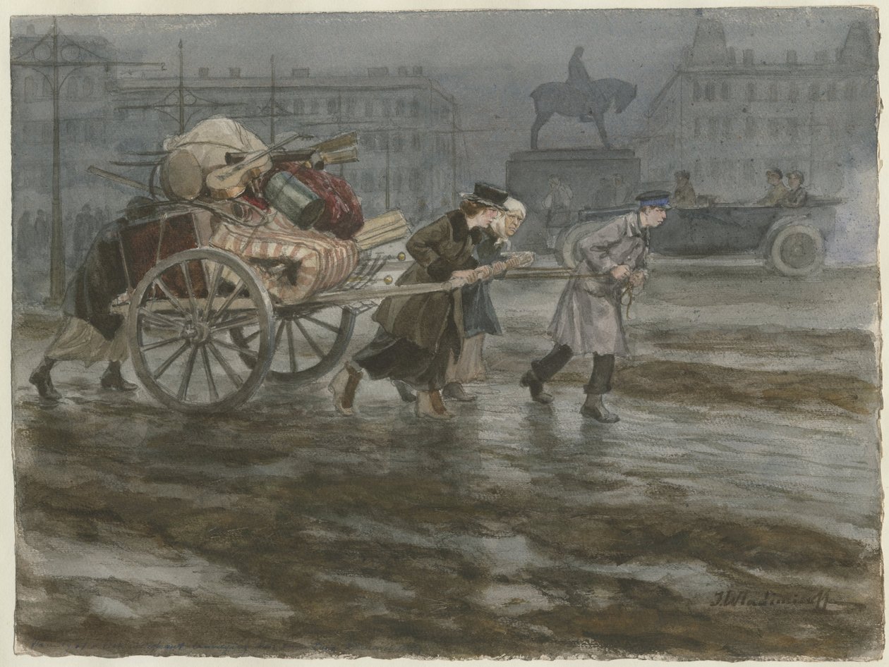 Familie verplaatst zijn bezittingen op kar uit de serie aquarellen Russische revolutie, 1917-1918 door Ivan Alexeyevich Vladimirov