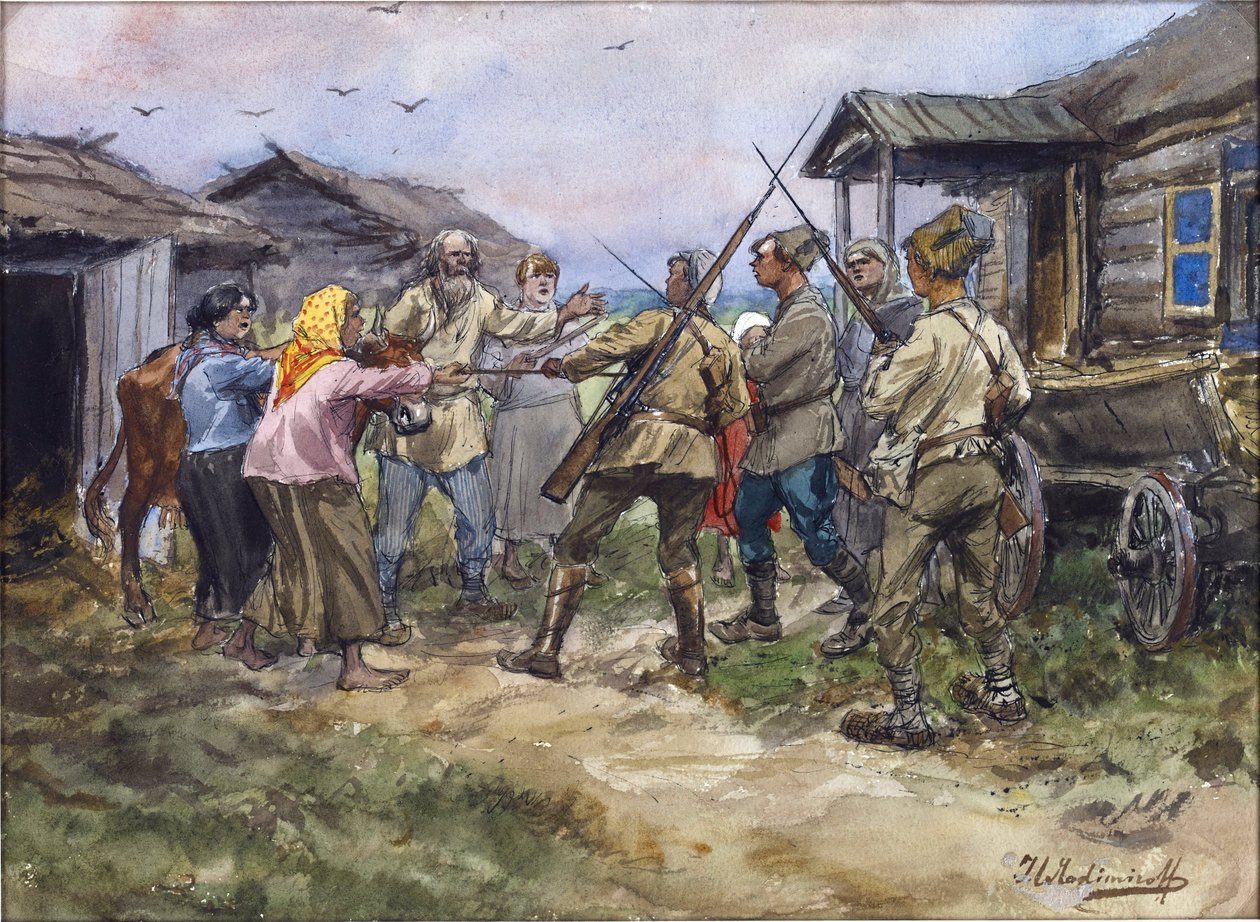 Vordering van vee voor het Rode Leger in een dorp nabij Luga door Ivan Alexeyevich Vladimirov
