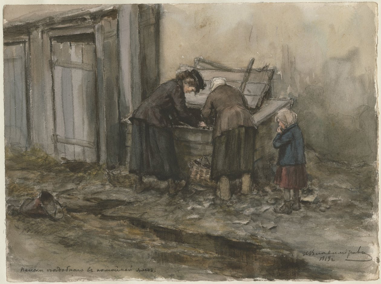Twee vrouwen en een kind zoeken door vuilnisbak uit de serie aquarellen Russische revolutie door Ivan Alexeyevich Vladimirov