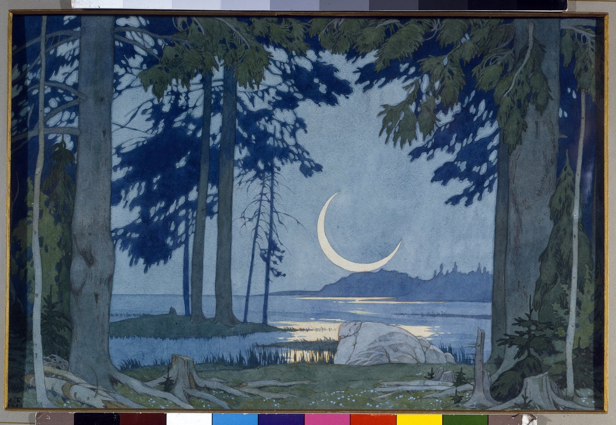 Clair de lune op het Ilmenmeer. Decor voor de opera Sadko van N. Rimsky-Korsakov door Ivan Yakovlevich Bilibin