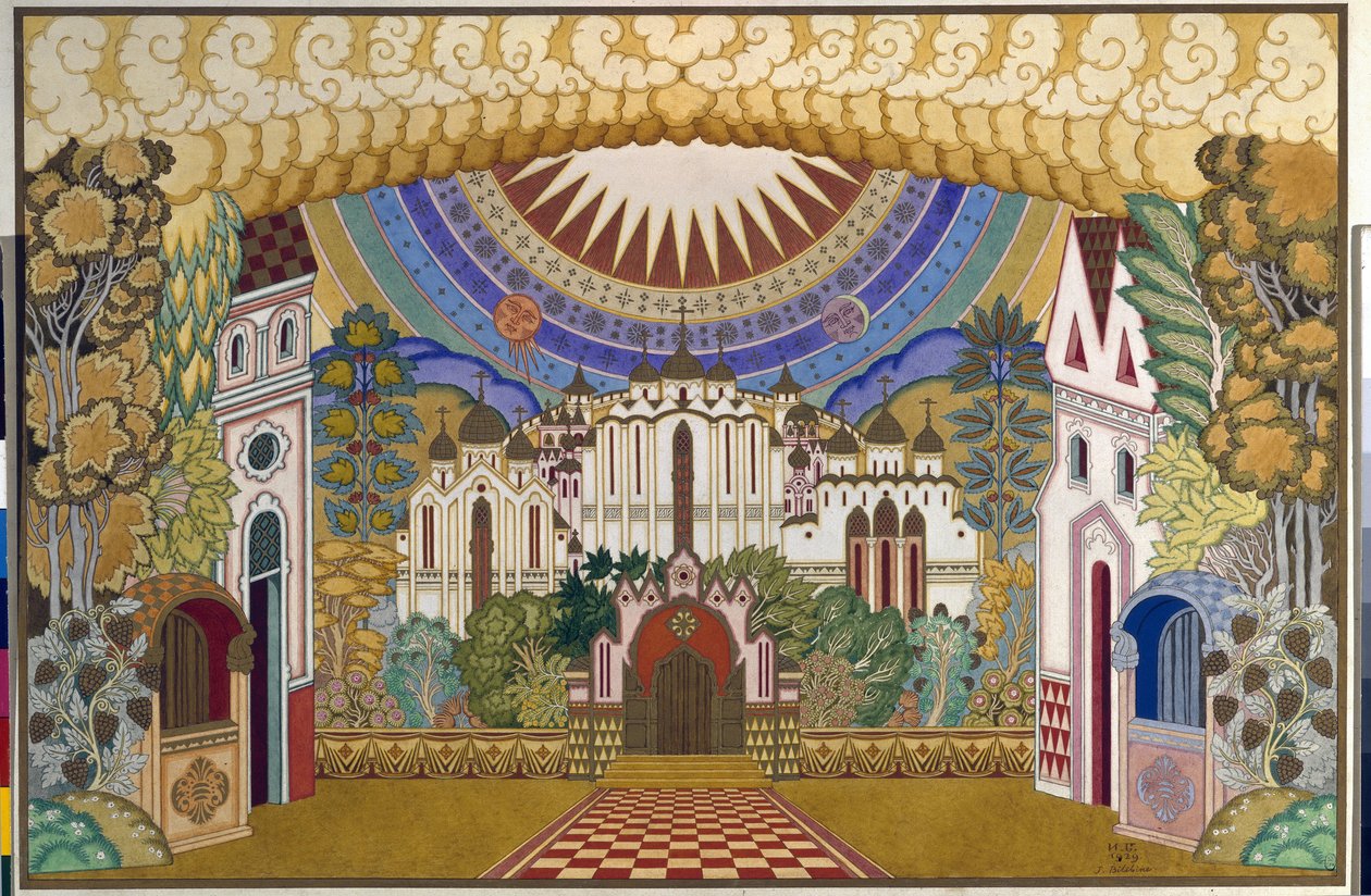 Decor voor de opera "De legende van de onzichtbare stad Kitege en de maagd Fevronia" door Ivan Yakovlevich Bilibin