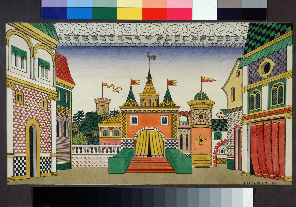 Voorbereidende tekening voor het decor van de opera De Gouden Haan van Nikolai Rimski-Korsakov door Ivan Yakovlevich Bilibin